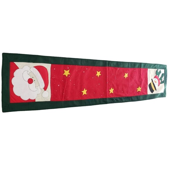 Vintage Christmas Table Runner Santa Claus Snowman Green & Red - Picture 1 of 7